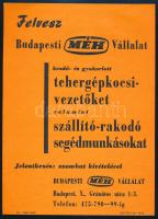 Budapesti MÉH Vállalat munkafelvételi villamos plakátja, 23×17 cm