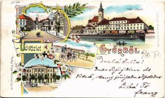 1898 (Vorläufer) Győr, Kármelita tér, Rába rakpart, Új vásár tér, Vigadó, kerékpárosok. Polgár Bertalan kiadása, Art Nouveau, floral, litho (EK)