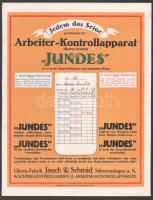 "Jundes" munkásellenőrző blokkoló óra kétoldalas reklámja, 20×28 cm