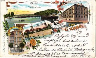 1899 (Vorläufer) Győr, Hajóhíd a Dunán, Rába folyó a Püspökvár alatt, Frigyes laktanya, Szentháromság szobor. Polgár Bertalan kiadása. Art Nouveau, floral, litho (kopott sarkak / worn corners)