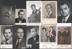 Vegyes aláírás tétel, énekesek, színészek aláírásai fotón, nyomaton, 16 db (Jámbor László, Kövecses Béla, Sebestyén Sándor, stb.)