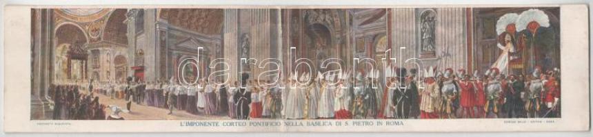 L'Imponente Corteo Pontificio Nella Basilica di S. Pietro in Roma / Pápai körmenet a római Szt. Péter bazilikában - 3-részes kinyitható vallásos panorámalap / Pontifical Procession in Roma - 3-tiled folding religious panoramacard (fa)