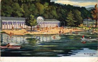 Trencsénteplic-fürdő, Kúpele Trencianske Teplice; Plaviarna na Baracke / Baracskai tó uszodával / swimming pool and lake s: Karol Ondreicka