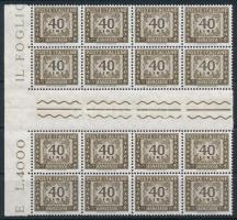 1966 Portóbélyeg 40L hajtott ívközéprészes 16-os tömbben / Postage due Mi 97 / Sassone 117 in gutter block of 16