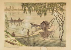 Conrad Gyula (1877-1959): Budafoki halászkunyhó. Színezett rézkarc, papír, jelzett, foltos, lap széle kissé sérült, 27,5x36 cm