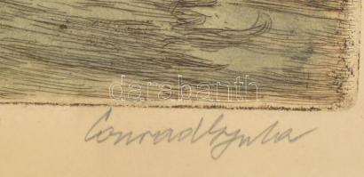 Conrad Gyula (1877-1959): Budafoki halászkunyhó. Színezett rézkarc, papír, jelzett, foltos, lap szél...