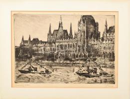 Imre István (1918-1983): Országház (Budapest, hajók a Dunán). Rézkarc, papír, jelzett. Lap széle kissé foltos. Paszpartuban. 23,5×34 cm