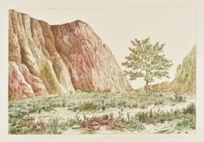 Hajagos Imre (1953-): Sziklák között. Színes rézkarc, papír, jelzett, számozott (16/100), lapszéli paszpartuzás nyomaival, 29,5x43,5 cm