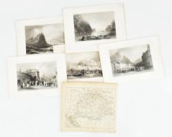 cca 1840-1850 Bartlett, William Henry (1809-1854): A történelmi Magyarország helyszínei (Dévény vára, Pétervárad, Galambóc vára, Mehádia, Orsova). 5 db acélmetszet, papír, jelzettek a metszeten. + Payne, Albert Henry (1812-1902): Ungarn mit Siebenbürgen, Militairgrenze. Kroatien und Slavonien. Acélmetszetű térkép. Vegyes méretben és állapotban.