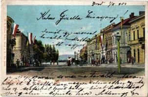 1901 Bród, Nagyrév, Slavonski Brod, Brod na Savi; Jelacicev trg / tér magyar zászlókkal / square with Hungarian flags (EK)
