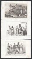 Magyar népi viseletek + Vajdahunyad vára. 3 db rézmetszet, papír, XIX. sz. eleje. Jelzettek a metszeten. 15x10 cm körül.