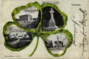 1901 Varasd, Warasdin, Varazdin; Stari grad, Gradsko Kazaliste, Spomenik N jez. Velic / Das alte Schloss, Stadt-Theater, Car. i Kraljice Jelisave, Franz Josefs platz / castle, theater, statue, square. Art Nouveau montage in cover, litho (EB)