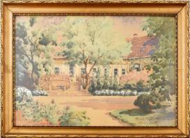 Tibai Takáts János (1876-1943): Aszódi Leánynevelő Intézet kertje, 1934 május. Akvarell, papír, jelzett. Dekoratív, üvegezett fakeretben. 36x51 cm.
