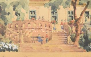 Tibai Takáts János (1876-1943): Aszódi Leánynevelő Intézet kertje, 1934 május. Akvarell, papír, jelz...