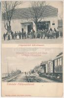 1910 Fülöpszállás (Kiskunság), Fogyasztási szövetkezet üzlete, Budapestről és Kecskemétről jövő vonatok találkozása a vasútállomáson. Kerekes (Klein) fényképész felvétele (EK)