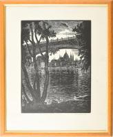 Conrad Gyula (1877-1959): Budapesti részlet. Fametszet, papír, jelzett. Üvegezett fakeretben. 32x25 cm