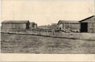 Budapest XV. Rákosmező, a rákosi Hangárváros, repülőtér hangárok. A nemzeti aviatikus alap javára kiadott levelezőlap + 1917 Hadirepülő kiállítás So. Stpl.
