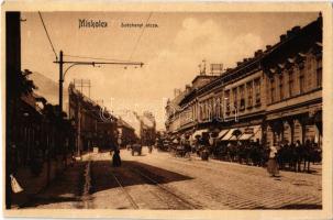 1910 Miskolc, Széchenyi utca, Kohn és König, Rosenvald Mór üzlete, villamossín (Rb)