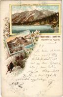 1899 (Vorläufer) Tátra, Magas-Tátra, Vysoké Tatry; Poprádi tó, Majláth-menház, Tengerszem-csúcs / Popper-see, Majlathhütte, Meeraugenspitze / lake, mountain peak. Art Nouveau, floral, litho (Rb)