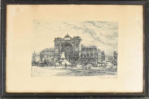 Baranski Emil László (1877-1941): Keleti pályaudvar, Baross tér, Budapest. Rézkarc, papír, jelzett. Kissé foltos. Üvegezett, kissé sérült fa keretben. 19x29 cm