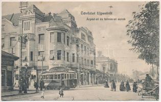 1912 Budapest IV. Újpest, Árpád út, villamos, cukrászda, szálloda, gyógyszertár, üzletek, lovaskocsi. Salgó-féle kiadás (EK)