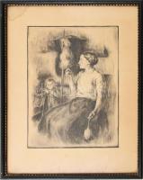 Glatz Oszkár(1872-1958)-Prihoda István(1891-1956): Fonóban. Rézkarc, papír, jelzett (Prihoda, Glatz). Szélén kissé foltos. Üvegezett fakeretben, 35×25 cm