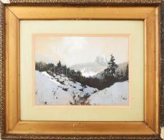 Neogrády Antal (1861-1942): Havas hegyvidéki táj. Akvarell, papír, jelezve balra lent. Üvegezett, ki...