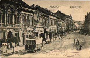 1906 Miskolc, Széchenyi utca, villamos, Langer Sámuel üzlete, könyvnyomda. Ferenczi B. kiadása