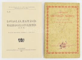 2 db lovaglás-lótartás témájú reprint könyv: Tseh Márton: Lovakat orvosló-könyv. Bp., 1979, Mezőgazdasági Könyvkiadó. Az 1797-es Trattner Mátyás-féle kiadás hasonmása. Kiadói kartonált papírkötés, a borítón kis felületi sérülésekkel. + Lovaglás, hajtás és málhásállatvezetés. Bp., 1996, Helikon. Kiadói papírkötés.
