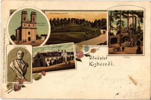 1900 Kisbér, Kozma emlék, római katolikus templom, Wenckheim emlék, törzsmén istálló, Pokol domb. Carl Otto Hayd Kunstverlags-Anstalt München No. 1428. Art Nouveau, floral, litho (fa)