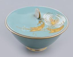 Wallendorf bonbonier. Türkiz fonton aranyszínű zománcfestéssel, jelzéssel, minimális kopottsággal, d: 12,5 cm, m: 8 cm