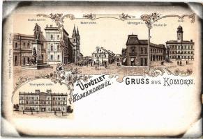 Komárom, Komárno; Klapka tér és szobor, Városháza, Fő tér, Nádor utca, Vármegye utca, Törvényszéki palota. Róna Frigyes kiadása No 1209. / square, statue, town hall, street view, court. Art Nouveau, floral, litho (felületi kopás / worn surface)