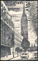 B. Hajdú László (1926-1998): Hotel Hilton, Budapest, 1985. Tus, toll, papír, jelzett. 21×13 cm