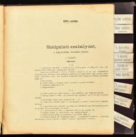 1893 Az Országgyűlés (képviselőház) hivatalainak, szerveinek szabályzatai. Szolgálati és fegyelmi szabályzat, belső szolgálati utasítás, a képviselőház házrendje, ügyrendek. Korabeli sérült félvászon-kötésben, regiszterrel, 32,5x32,5 cm.