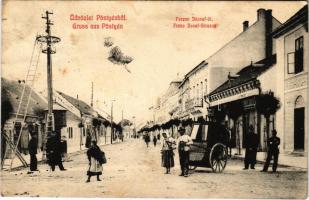 1909 Pöstyén, Piestany; Ferenc József út, fürdőkocsis, villanyoszlop javítása. Gipsz H. kiadása / street, infanterist spa carriage, shops, repairing an electricity pole (EB)