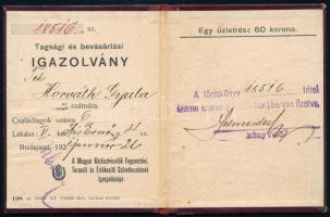 1921 Bp., Magyar Köztisztviselők Fogyasztási, Termelő és Értékesítő Szövetkezete tagsági igazolvány