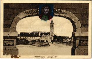 Csáktornya, Cakovec; Zrínyi vár. Fischel Fülöp (Strausz Sándor) kiadása, szecessziós címeres keret / castle. Art Nouveau montage with coat of arms (Rb)
