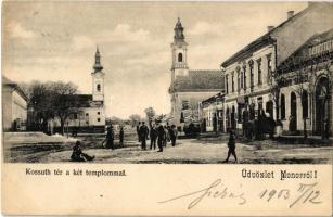 1903 Monor, Kossuth tér a két templommal, Surányi Sámuel üzlete (gyűrődések / creases)