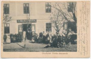 1910 Törökbecse, Újbecse, Novi Becej; utca, Schicht szappan reklám, S. Milovanovits üzlete és saját kiadása / street, shop, soap advertisement (Rb)