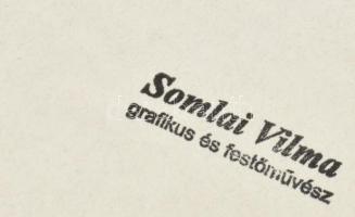 Somlai Vilma (1938-2007): Présház. Linómetszet, papír, a hátoldalán a művész pecsétjével, lapszéli k...
