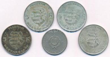 1947. 5Ft Ag "Kossuth" (4x) + 1967. 5Ft Cu-Ni-Zn "Kossuth" T:XF,VF patina, lakk ...