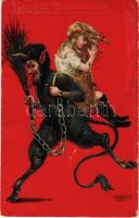 1919 Üdvözlet a Krampusztól / Krampus greeting. EAS 17393/17394 Emb. litho (kopott sarkak / worn corners)