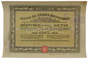 Budapest 1923. "Ganz és Társa- Danubius Gép-, Waggon- és Hajó-Gyár Részvénytársaság" részvénye 20.000K-ról, magyar és német nyelven, szárazpecséttel, bélyegzésekkel és szelvényekkel T:VF folt, hullámos papír