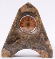 ~1900 Háromszög alakú márványkőbe foglalt óra, javításra szorul (méretek: 16x17x6cm) / Clock in marble stone (out of order)