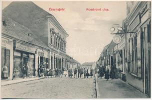 Érsekújvár, Nové Zámky; Komáromi utca, Attila Cipőgyár rt., üzletek. Adler József kiadása / street view with shops