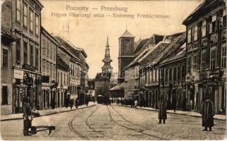 1906 Pozsony, Pressburg, Bratislava; Frigyes főhercegi utca, Bayer Ferenc üzlete, villamos / street, shops, trams (fa)