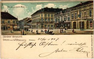 1907 Versec, Werschetz, Vrsac; Ferenc József tér, piac, Steiner, Wassermann, Győri és Bruder Walke üzlete. Wilhelm Wettl No. 123. / square, shops, market. Art Nouveau, litho (ragasztónyom / gluemark)
