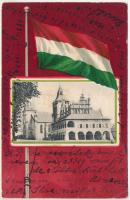 1902 Lőcse, Leutschau, Levoca; Városháza. Szecessziós litho keret magyar zászlóval, Latzin János kiadása / town hall. Art Nouveau litho montage with Hungarian flag (EK)
