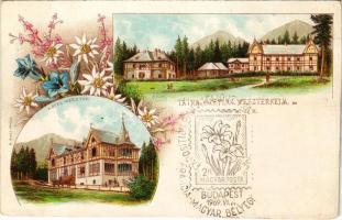 Tátraszéplak, Tatranska Polianka, Westerheim (Magas Tátra, Vysoké Tatry); Weszter szálloda, étlap / Speisenfolge / hotel, menu. M. Kuschel Art Nouveau, floral, litho