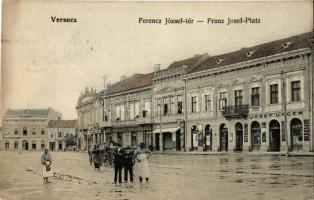 Versec, Werschetz, Vrsac; Ferenc József tér, Josef Unger, Szedlar, Schicker Julius, Schwartz S., Brduer Hofmann üzlete, Luceaferul. Glaser Sándor kiadása / square, shops (EK)